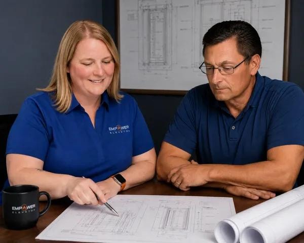 Empower Elevator team reviewing blueprints